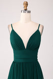 Dark Green A-Line Spaghetti Straps Tiered  Pleated Floor Length Bridesmaid Dress