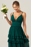 Dark Green A-Line Spaghetti Straps Tiered Pleated Long Bridesmaid Dress