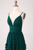 Dark Green A-Line Spaghetti Straps Tiered  Pleated Floor Length Bridesmaid Dress