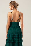 Dark Green A-Line Spaghetti Straps Tiered Pleated Long Bridesmaid Dress