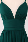 Dark Green A-Line Spaghetti Straps Tiered  Pleated Floor Length Bridesmaid Dress