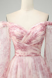 Blush Flower A-Line Off The Shoulder Print Maxi Dress With Slit