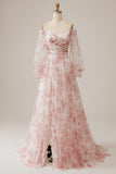 Ivory Flower A-Line Off The Shoulder Print Wedding Dress With Slit