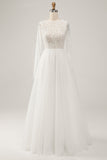 Ivory A-Line Backless Long Sleeves Long Wedding Dress with Lace