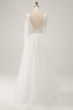 Ivory A-Line Backless Long Sleeves Long Wedding Dress with Lace