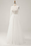 Ivory A-Line Backless Long Sleeves Long Wedding Dress with Lace