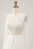 Ivory A-Line Backless Long Sleeves Long Wedding Dress with Lace