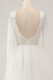 Ivory A-Line Backless Long Sleeves Long Wedding Dress with Lace