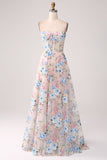 Apricot Flower A-Line Off the Shoulder Long Corset Prom Dress