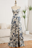 Blue A-Line Spaghetti Straps Pleated Printed Long Prom Dress With Slit