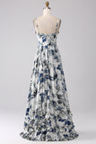 Blue A-Line Spaghetti Straps Pleated Printed Long Bridesmaid Dress With Slit