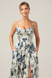 Blue Printed A-Line Spaghetti Straps Pleated Long Bridesmaid Dress With Slit