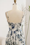 Blue A-Line Spaghetti Straps Pleated Printed Long Prom Dress With Slit