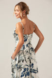 Blue Printed A-Line Spaghetti Straps Pleated Long Bridesmaid Dress With Slit