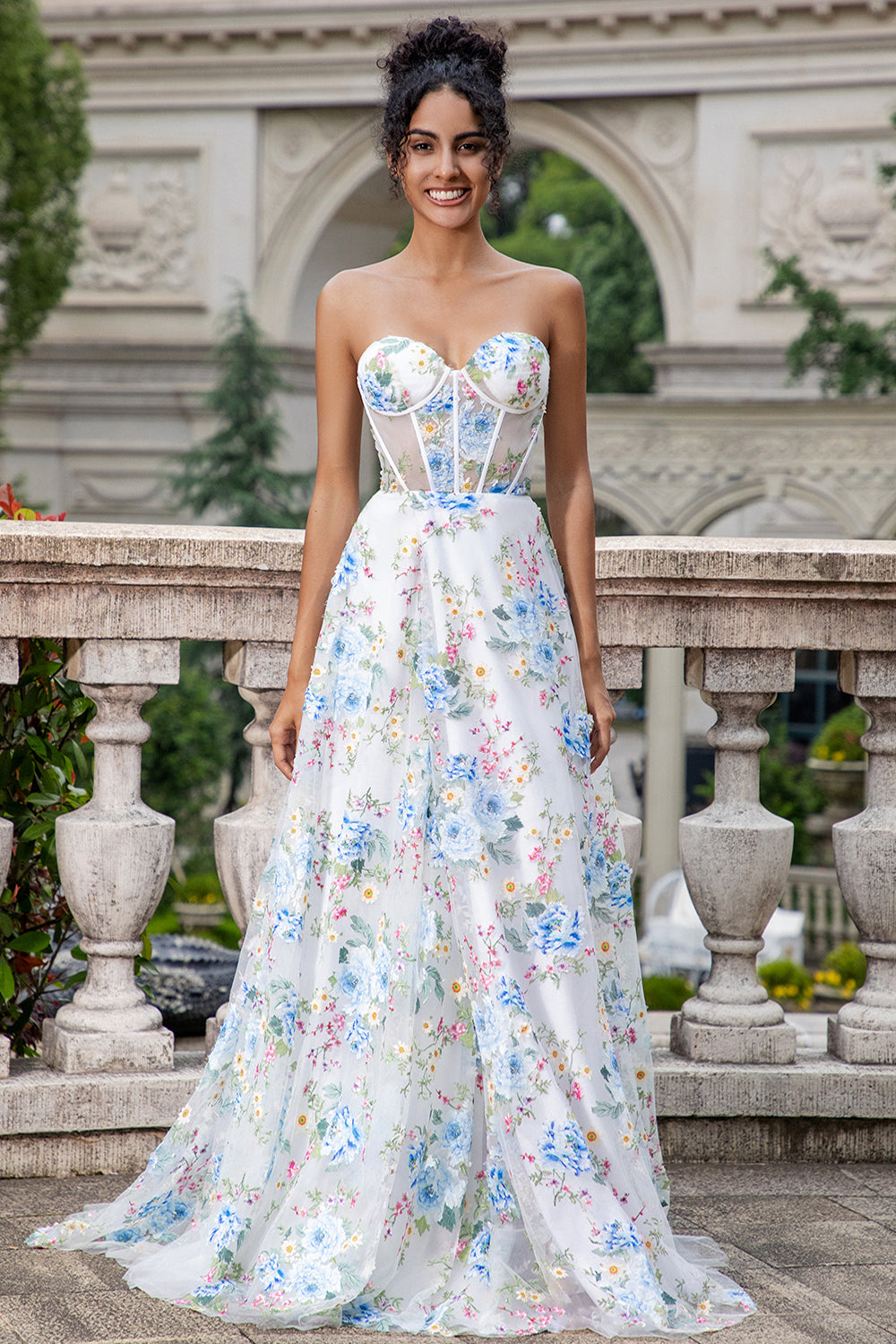 Wedtrend Women White Blue Flower Prom Dress With Slit A-Line Strapless Corset Long Wedding Dress WEDTREND Wedtrend Women White Blue Flower Prom Dress With Slit A-Line Strapless Corset Long Wedding Dress WEDTREND
