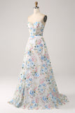 White Blue Flower A-Line Strapless Corset Long Prom Dress With Slit