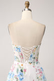 White Blue Flower A-Line Strapless Corset Long Prom Dress With Slit