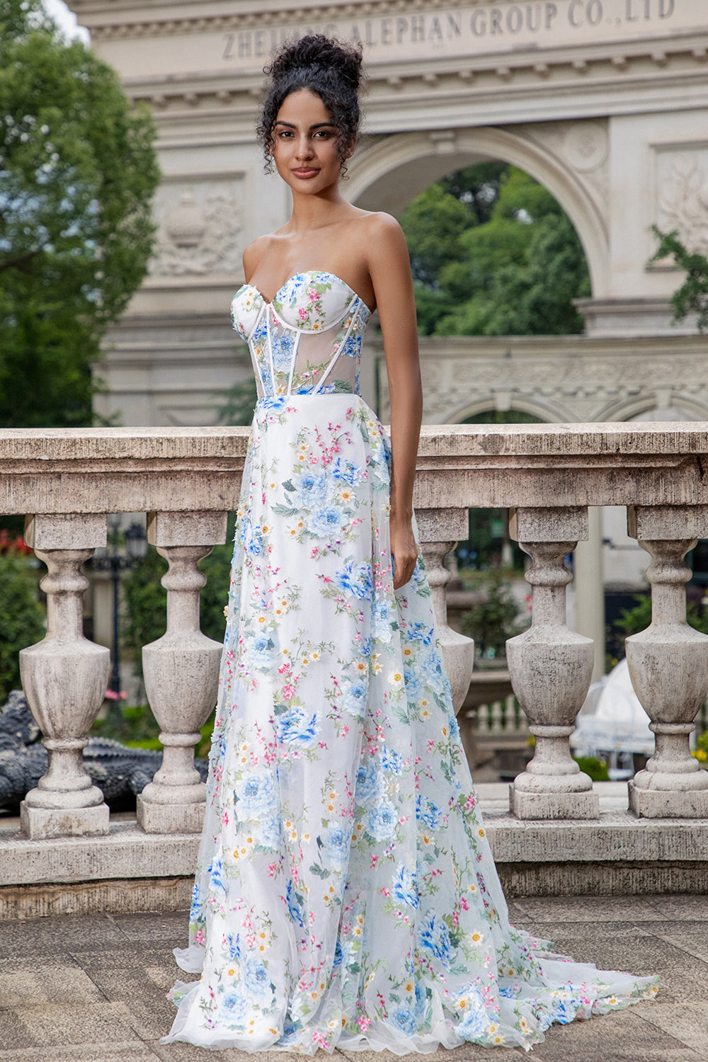 Wedtrend Women White Blue Flower Prom Dress With Slit A-Line Strapless Corset Long Wedding Dress WEDTREND Wedtrend Women White Blue Flower Prom Dress With Slit A-Line Strapless Corset Long Wedding Dress WEDTREND
