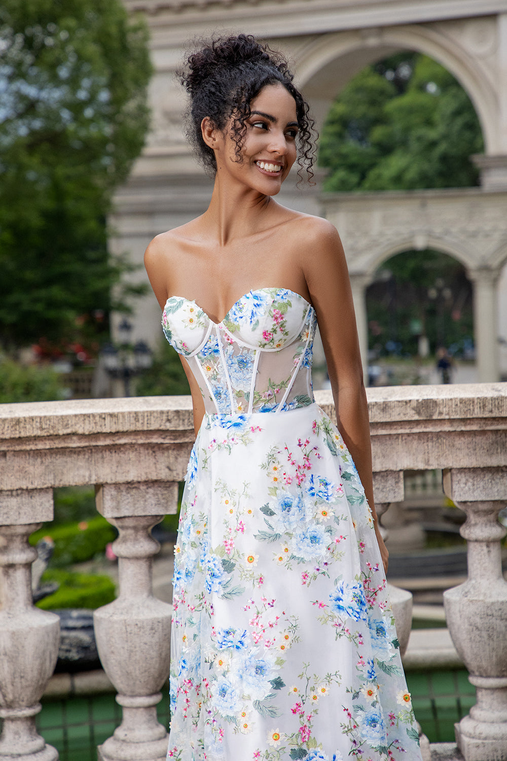 Wedtrend Women White Blue Flower Prom Dress With Slit A-Line Strapless Corset Long Wedding Dress WEDTREND Wedtrend Women White Blue Flower Prom Dress With Slit A-Line Strapless Corset Long Wedding Dress WEDTREND