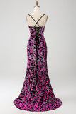 Sparkly Mermaid Spaghetti Straps Fuchsia Black Sequin Prom Dress With Side Slit