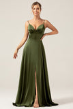 Olive A-Line Spaghetti Straps Long Bridesmaid Dress With Slit
