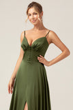 Olive A-Line Spaghetti Straps Long Bridesmaid Dress With Slit