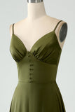 A-Line Spaghetti Straps Long Olive Bridesmaid Dress With Slit