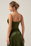 Olive A-Line Spaghetti Straps Long Bridesmaid Dress With Slit