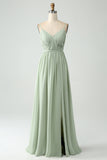 Dusty Sage A Line Spaghetti Straps Pleated Maternity Bridesmaid Dress With Slit