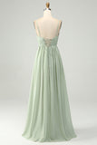 Dusty Sage A Line Spaghetti Straps Pleated Maternity Bridesmaid Dress With Slit