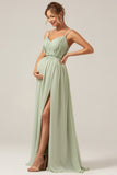 Dusty Sage A Line Spaghetti Straps Pleated Maternity Bridesmaid Dress