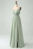 Dusty Sage A Line Spaghetti Straps Pleated Maternity Bridesmaid Dress With Slit
