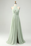 Dusty Sage A Line Halter Pleated Long Maternity Bridesmaid Dress with Slit