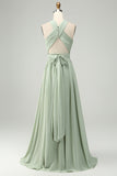 Dusty Sage A Line Halter Pleated Long Maternity Bridesmaid Dress with Slit