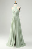 Dusty Sage A Line Halter Pleated Long Maternity Bridesmaid Dress with Slit