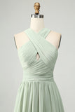 Dusty Sage A Line Halter Pleated Long Maternity Bridesmaid Dress with Slit