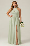 A Line Dusty Sage Halter Pleated Long Maternity Plus Size Bridesmaid Dress with Slit