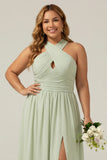 A Line Dusty Sage Halter Pleated Long Maternity Plus Size Bridesmaid Dress with Slit