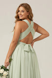A Line Dusty Sage Halter Pleated Long Maternity Plus Size Bridesmaid Dress with Slit