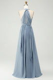 Dusty Blue A Line Chiffon Convertible Long Maternity Bridesmaid Dress