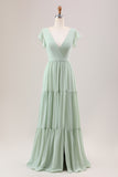 Matcha A Line V Neck Lace-Up Back Long Bridesmaid Dress With Slit