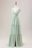 Matcha A Line V Neck Lace-Up Back Long Bridesmaid Dress With Slit