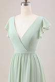 Matcha A Line V Neck Lace-Up Back Long Bridesmaid Dress With Slit