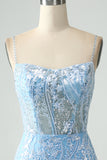 Sparkly Sky Blue Spaghetti Straps Short Homecoming Dress With Beading