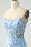 Sparkly Sky Blue Spaghetti Straps Short Homecoming Dress With Beading