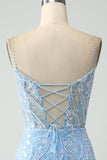 Sparkly Sky Blue Spaghetti Straps Short Homecoming Dress With Beading
