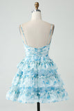 Blue Flower A-Line Tiered Pleated Hollow Out Short Homecoming Dress
