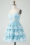 Blue Flower A-Line Tiered Pleated Hollow Out Short Homecoming Dress
