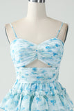 Blue Flower A-Line Tiered Pleated Short Homecoming Dress