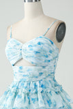 Blue Flower A-Line Tiered Pleated Short Homecoming Dress